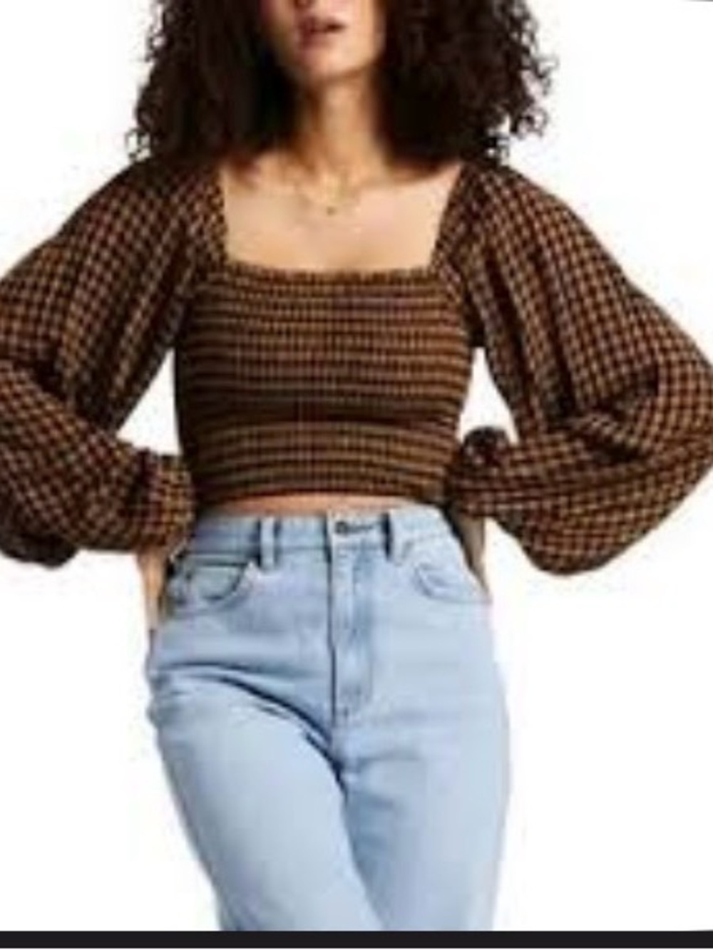 Billabong Brown Plaid Smocked Crop Top with Puff Sleeves